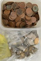 A PLASTIC TUB OF MAINLY 20TH CENTURY COINAGE, brass 3d coins, CU Florins, Decimal 10p Penny,