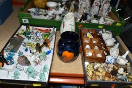 ONE BOX OF CERAMICS AND LAMPWORK ANIMALS, to include a mid-century Vulcan ware vase, a Cornish