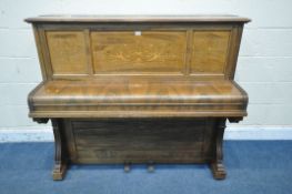 A JOHN BROADWOOD AND SONS WALNUT AND MARQUETRY INLAID OVERSTRUNG UPRIGHT PIANO, serial number 68065,