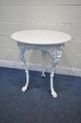 A WHITE PAINTED CAST IRON PUB TABLE, with a later wooden top, the legs depicting scrolled and