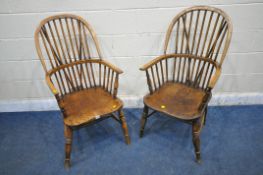 A NEAR PAIR OF 19TH CENTURY ELM FARMHOUSE STYLE WINDSOR ARMCHAIRS, with spindle back, turned