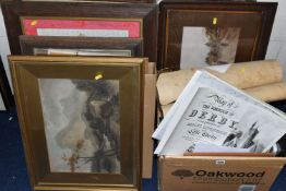 A SMALL QUANTITTY OF PICTURES AND PRINTS, to include an unsigned late 19th century watercolour,