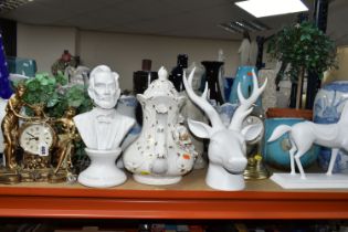 A LARGE QUANTITY OF VASES AND ORNAMENTS, comprising a gilt figural mantel clock, several Oriental