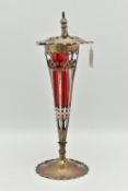 AN EARLY 20TH CENTURY SILVER LIDDED VASE, the tapered trumpet shaped vase with pierced scrolling