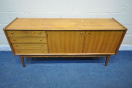 A MID CENTURY YOUNGER TEAK SIDEBOARD, fitted with four drawers, double cupboard doors, on square