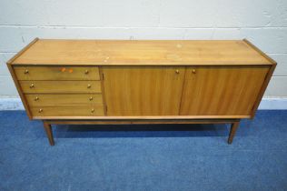 A MID CENTURY YOUNGER TEAK SIDEBOARD, fitted with four drawers, double cupboard doors, on square