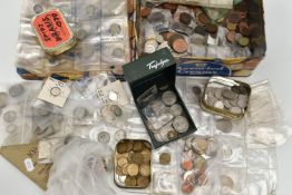 A BISCUIT TIN CONTAINING MIXED COINAGE, to include lots of UK 19th and 20th century coinage, 1946,