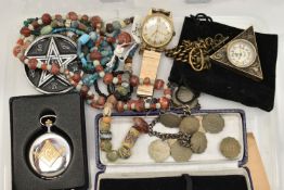 A BOX OF ASSORTED ITEMS, to include a Masonic triangular, manual wind pocket watch, case back