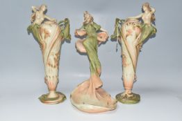 A PAIR OF ART NOUVEAU AMPHORA AUSTRIA VASES AND AN AMPHORA CENTREPIECE, the elongated vases in