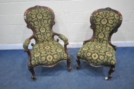 TWO SIMILAR VICTORIAN WALNUT LADIES AND GENTS SPOON BACK CHAIRS, with scrolled and foliate carving