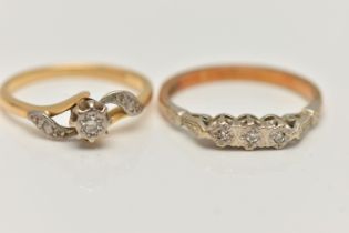 TWO 18CT YELLOW AND WHITE GOLD DIAMOND RINGS, to include a diamond three stone ring set with