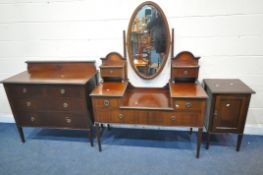 A 20TH CENTURY MAHOGANY TWO PIECE BEDROOM SUITE, comprising a dressing table, with an oval mirror,