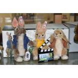 A BOXED STEIFF LIMITED EDITION PETER RABBIT GIFT SET OF THREE CHARACTERS AND CLAPPER BOARD, (Peter