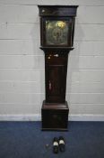 A GEORGIAN MAHOGANY 8 DAY LONGCASE CLOCK, turned spindles flanking a glazed door, that's enclosing