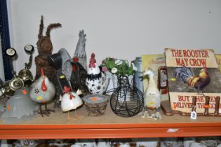 A QUANTITY OF COCKEREL AND HEN ORNAMENTS, comprising eight metal kitchen ornaments, a gilt metal