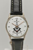 A GENTS MASONIC 'GIRARD-PERREGAUX' WRISTWATCH, manual wind, round white dial signed 'Girard-