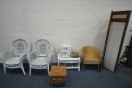 A SELECTION OF OCCASIONAL FURNITURE, to include two white painted wicker chairs, a white coffee