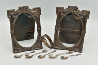 TWO SILVER PHOTO FRAMES, A SILVER BANGLE AND TEASPOONS, two early 20th century
