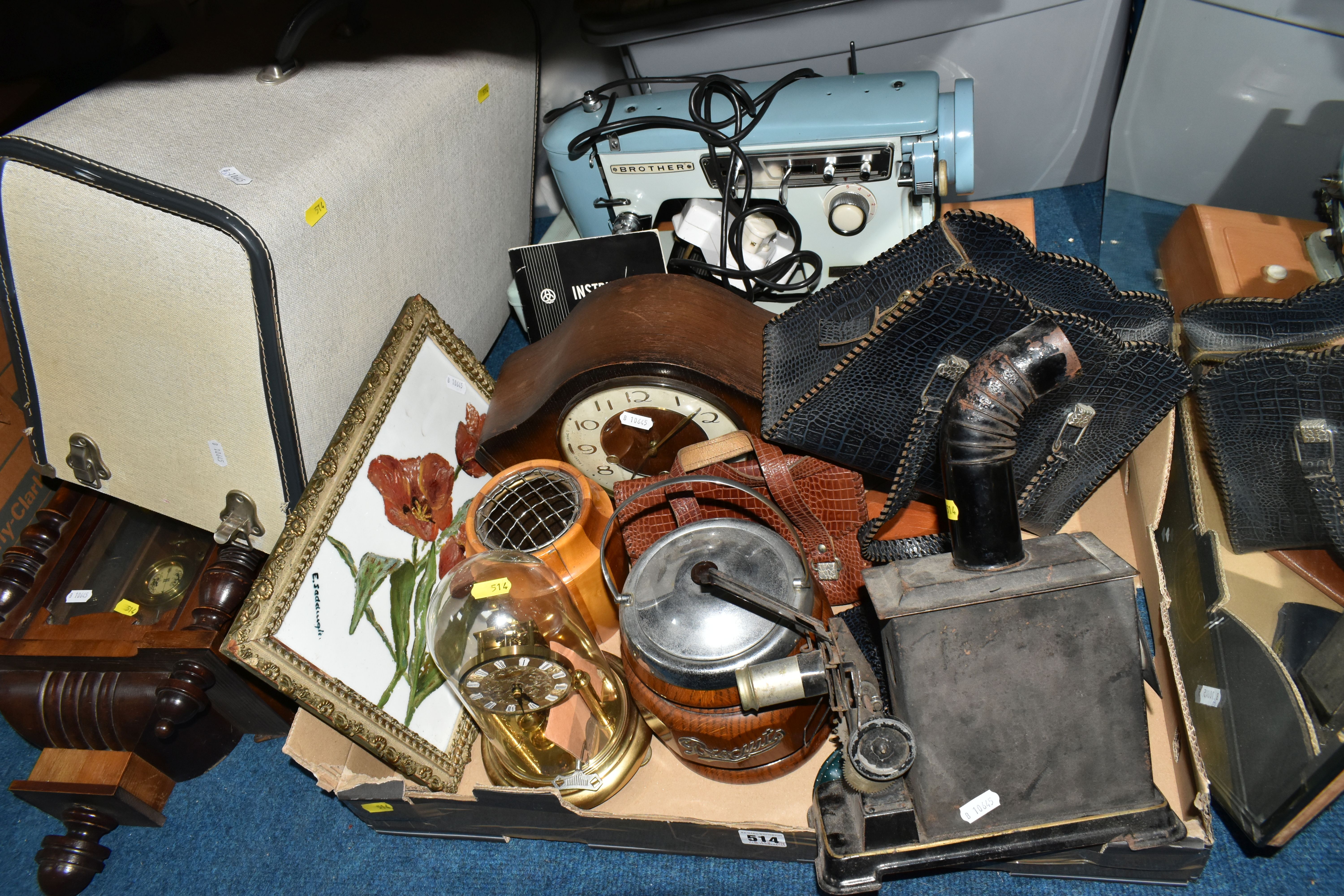 ONE BOX OF ASSORTED SUNDRIES, to include a wood and chrome 1930's biscuit barrel, mantel clock, a - Image 2 of 6