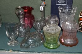 A GROUP OF GLASSWARE, comprising a boxed Stuart Crystal vase, height 21.5cm, a nineteenth century