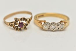 TWO YELLOW METAL GEM SET RINGS, to include an 18ct yellow and white gold diamond three stone ring,