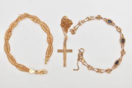 AN ASSORTMENT OF 9CT GOLD JEWELLERY, to include a yellow gold cross necklace with diamond cut