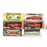 SIX BOXED METAL DIECAST 1:18 SCALE MODEL FERRARIS, to include a Bburago 250 GTO 1962 in red, model