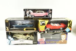 FIVE BOXED METAL DIECAST AMERICAN MODEL CARS, to include a Jada 1:24 scale 1955 Pink Cadillac