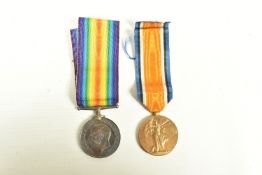 A PAIR OF WWI MEDALS WITH RIBBONS, the medals are correctly named to M-320966 PVT J DUDLEY A.S.C,