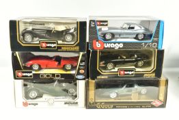 SIX BOXED METAL DIECAST 1:18 SCALE MODEL CARS, to include a Bburago 1961 Jaguar E Coupe in red,