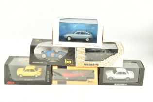 SIX BOXED 1:43 SCALE DIECAST METAL REPLICA MODEL CARS, to include a PMA Minichamps BMW Turbo 2002