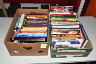 TWO BOXES OF FOOTBALL INTEREST HARDBACK AND PAPERBACK BOOKS, approximately sixty nine titles