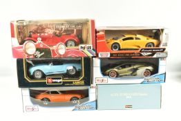SIXED BOXED METAL DIECAST MODEL CARS, to include a Bburago 1932 Alfa Romeo 2300 Spider 1:18 scale,