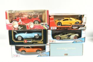SIXED BOXED METAL DIECAST MODEL CARS, to include a Bburago 1932 Alfa Romeo 2300 Spider 1:18 scale,