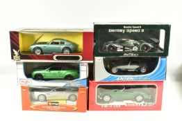 SIX BOXED METAL DIECAST MODEL CARS, to include an Autoart 1:18 scale Bentley Speed 8 LeMans, model