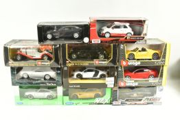 ELEVEN BOXED 1:24 SCALE DIECAST MODEL CARS, to include a Superior Turbos Mercedes-Benz 500SL