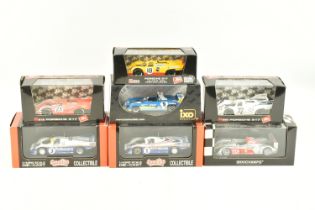 SEVEN BOXED 1:43 SCALE METAL DIECAST MODEL RACE CARS, to include a Brumm Porsche 917 Porsche