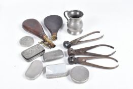 THREE BULLET MOULDS, SIX VARIOUS 19TH AND 20TH CENTURY PEWTER SNUFF BOXES, two 19th century