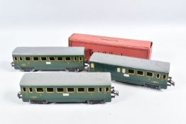 THREE FRENCH HORNBY O GAUGE S.N.C.F. COACHES, two all 2nd class and one 2nd/Baggage Car, all in good