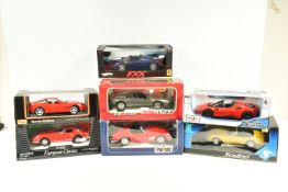 SEVEN BOXED METAL DIECAST MODEL CARS, to inclue a Maisto Ferrari 550 Maranell 1:18 scale in red,
