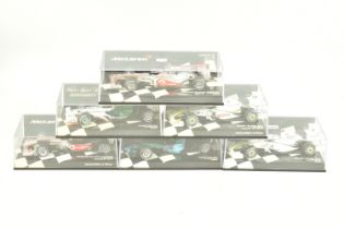 SIX MINICHAMP 1.43 SCALE DIECAST MODELS, to include a Brawn GP BGP 001 J. Button Brazil GP 2009,