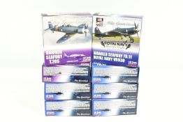 EIGHT BOXED 1:72 SCALE SKY GUARDIANS HAWKER SEAFURY DIECAST MODEL AIRCRAFTS, the first a FB.11