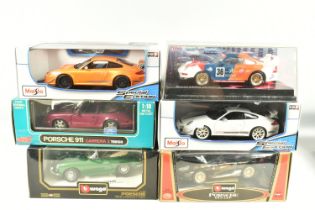 SIX BOXED METAL DIECAST 1:18 SCALE MODEL PORSCHES, to include an Anson 911 Carrera2 Targa in purple,