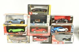 TEN BOXED 1:24 SCALE DIECAST MODEL SPORT CARS, to include a MotorMax Pagani 2012 Huayra Roadster
