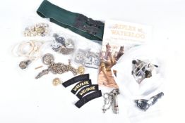 BRITISH ARMY OFFICER'S CROSS BELT CHAIN, LION MASK BADGE AND WHISTLE, together with three other