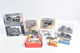 A BOX OF VARIOUS BOXED MODEL VEHICLES, to include a Welly Triumph 1:18 scale motorcycle in silver, a