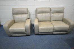 A LEATHER UPHOLSTERED TWO PIECE LOUNGE SUITE, comprising a two seater electric reclining sofa,