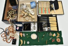 A BOX OF ASSORTED ITEMS, to include a selection of costume jewellery, spectacles, two cased sets