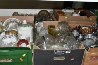 FIVE BOXES OF KITCHEN WARES ETC, to include saucepans, copper jelly moulds, sieves, glass fruit