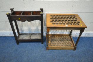 A 20TH CENTURY OAK CUE STAND, with 51 sections, width 61cm x depth 43cm x height 61cm, along with an